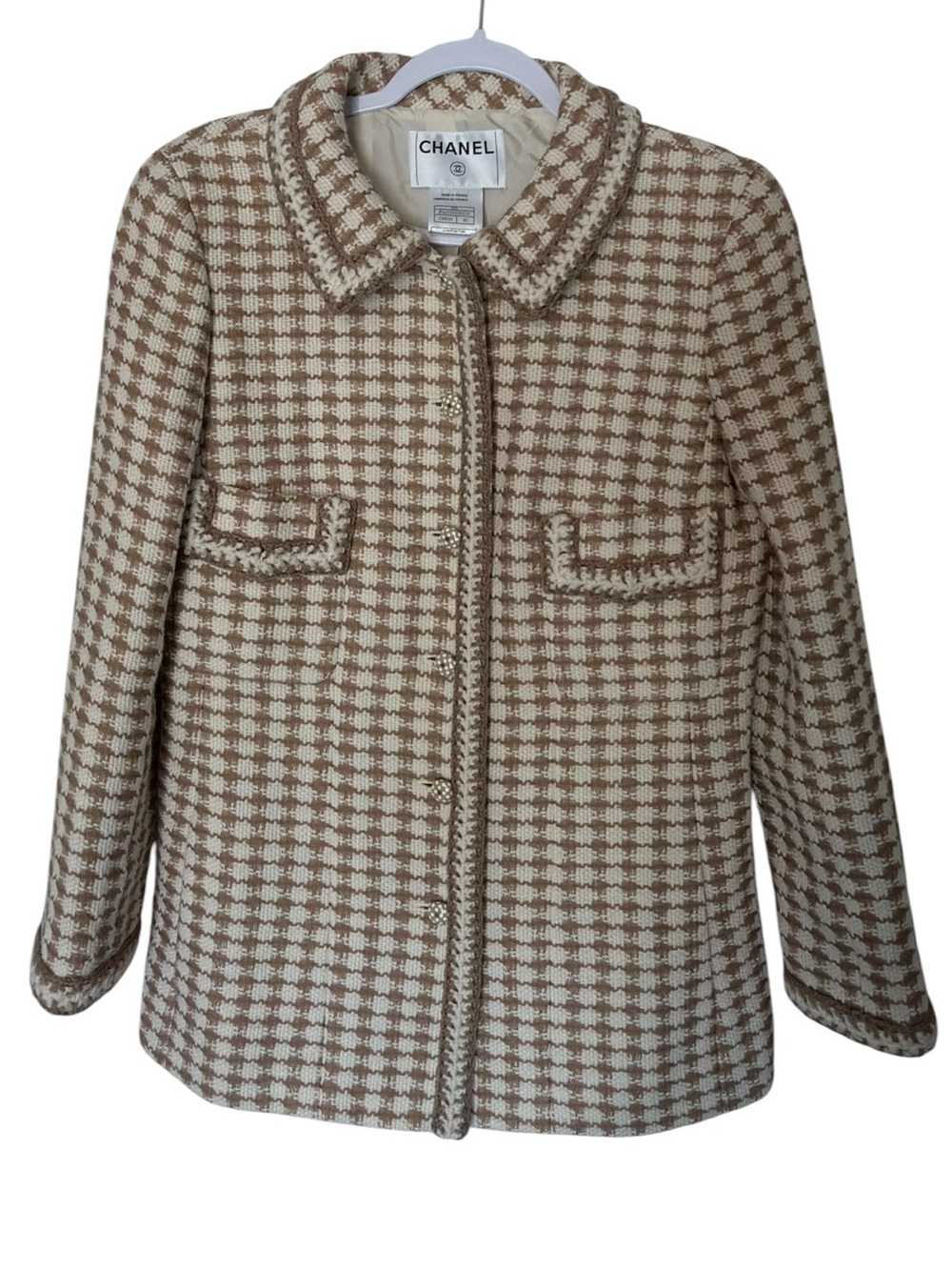 CHANEL Brown & Cream Tweed Wool Jacket Polka Dot CC Buttons Size 42